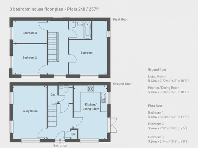 Floor plan 3 bedroom house, plots 240 & 257 - artist's impression subject to change